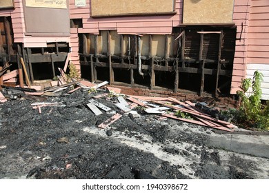 March 20, 2021 Long Beach, California - USA: The Remains Of A Devastating House Fire Destroying A Historic Home In Long Beach California. Editorial Use Only.