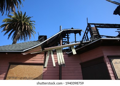 March 20, 2021 Long Beach, California - USA: The Remains Of A Devastating House Fire Destroying A Historic Home In Long Beach California. Editorial Use Only.