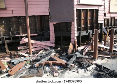 March 20, 2021 Long Beach, California - USA: The Remains Of A Devastating House Fire Destroying A Historic Home In Long Beach California. Editorial Use Only.