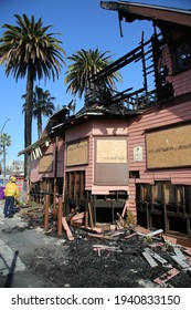 March 20, 2021 Long Beach, California - USA: The Remains Of A Devastating House Fire Destroying A Historic Home In Long Beach California. Editorial Use Only.