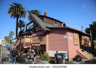 March 20, 2021 Long Beach, California - USA: The Remains Of A Devastating House Fire Destroying A Historic Home In Long Beach California. Editorial Use Only.