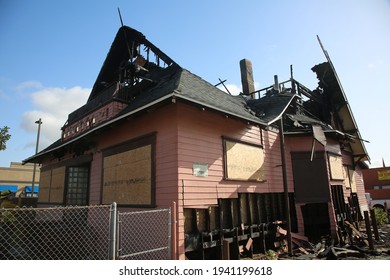 March 20, 2021 Long Beach, California - USA: The Remains Of A Devastating House Fire Destroying A Historic Home In Long Beach California. Editorial Use Only.