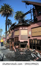 March 20, 2021 Long Beach, California - USA: The Remains Of A Devastating House Fire Destroying A Historic Home In Long Beach California. Editorial Use Only.