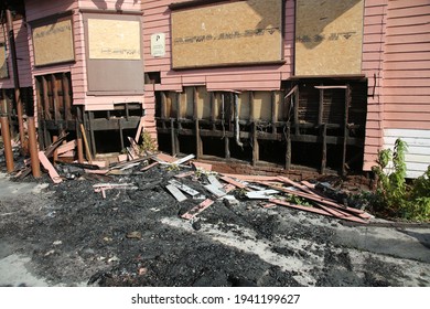 March 20, 2021 Long Beach, California - USA: The Remains Of A Devastating House Fire Destroying A Historic Home In Long Beach California. Editorial Use Only.