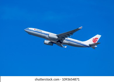 MARCH 2018: Boeing 737 800 Air China Plane Taking Off In El Prat Airport (Barcelona).