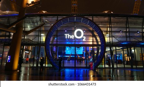 March 2018: Night shot from famous O2 Arena at North Greenwich, London, United Kingdom                      