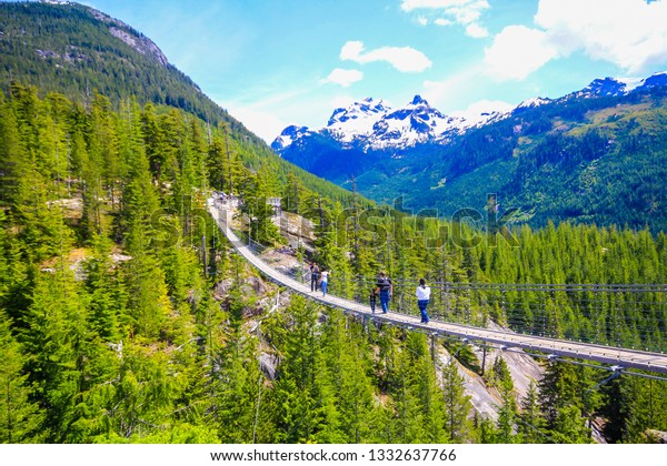 March, 2019,\
Squamish, Canada- People walked around the Sea to Sky Gondola\
forest in British Columbia , Canada.\
