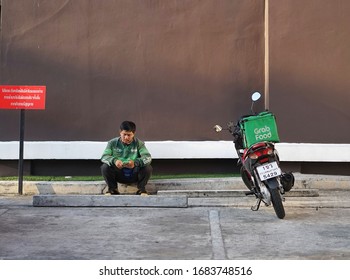 March ,2020 :Grab Food Or Grab Bike . Food Delivery By Motorcle At Bangkok Thailand