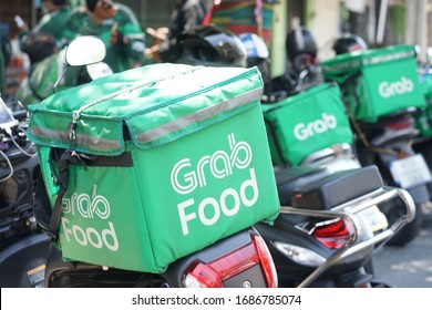 March ,2020 :Grab Food Or Grab Bike . Food Delivery By Motorcle At Bangkok Thailand