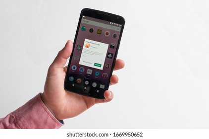 March 2020, Wales, UK. Google PlayStore Malware Play Protect Warning.
Suspicious App, Potential Harmful App Notification On An Android Device Held By A Man