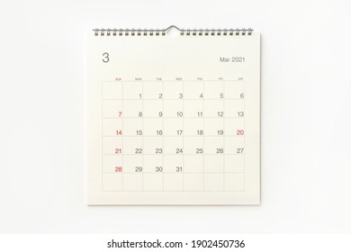 March 2021 calendar page on white background. Calendar background for reminder, business planning, appointment meeting and event.