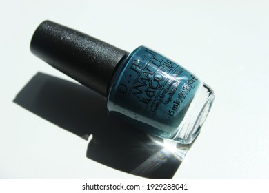 March 2021, Swansea, UK. 
Product Photography of OPI Nail Varnish, Nude and Blue Color
