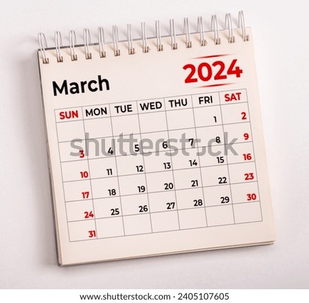 March 2024. Resolution, strategy, solution, goal, business and holidays. Date - month March 2024. Page of annual monthly calendar - March 2024