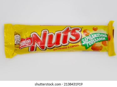 March 22, 2022, Ukraine City Kyiv Nuts Chocolate Bar From The Nestle Company On A White Background