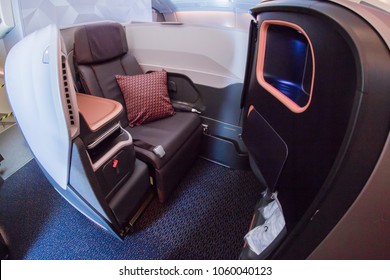 MARCH 2,2018: Sydney to Singapore flight. 
Interiors of a New A380 Business Class introduced in 2018 by Singapore Airlines- Singapore's flagship airline. 