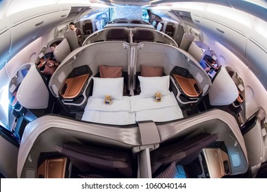 MARCH 2,2018: Sydney to Singapore flight. 
Interiors of a New A380 Business Class introduced in 2018 by Singapore Airlines- Singapore's flagship airline. 