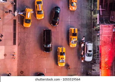 March 24th, 2018. Times Square, New York City, NY, USA- Amazing Bird's Eye View Of Times Square, New York City At Night Showing All The Car Traffic And Pedestrian Activity In The Center Of The World. 