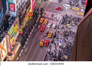 March 24th, 2018. Times Square, New York City, NY, USA- Amazing Bird's Eye View Of Times Square, New York City At Night Showing All The Car Traffic And Pedestrian Activity In The Center Of The World. 