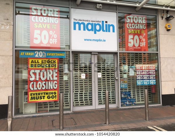 March\
26th, 2018, Cork, Ireland - Maplin store in Blackpool Retail Park,\
a specialist retail chain for home electronics and accessories,\
including power cables and connectors, is\
closing.