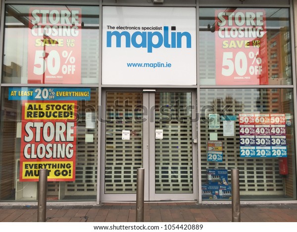 March\
26th, 2018, Cork, Ireland - Maplin store in Blackpool Retail Park,\
a specialist retail chain for home electronics and accessories,\
including power cables and connectors, is\
closing.