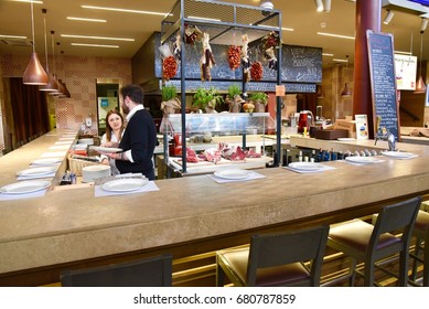 March 27, 2017. Italy, Florence. Meat Restaurant On The Central Market In Florence.