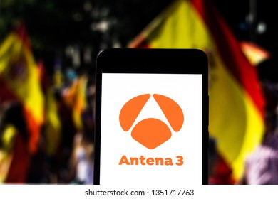 March 27, 2019, Brazil. Antena 3 Logo On The Mobile Device. Antena 3 Is An Open Television Channel From Spain Operated By Atresmedia Television.