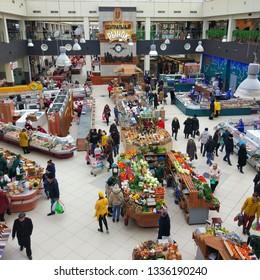 March 3, 2019, Voronezh, Russia: a top view of the stalls of the central market where meat, fruits and vegetables are sold. The inscription in Russian: "Central Market".

