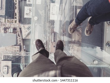 March 30, 2016, Chicago, Illinois, USA. People In The Glass Cube Of The Willis Tower Skydeck