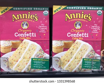 March 5, 2019 - Plymouth, MN: Boxes Of Annie's Organic Brand Cake Mix In Confetti Flavor On A Grocery Store Shelf Display