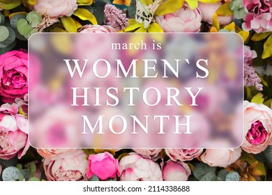 March is Women's History Month festive card with glassmorphism effect. Floral pink blur background and text in frame, mixed media. - Shutterstock ID 2114338688