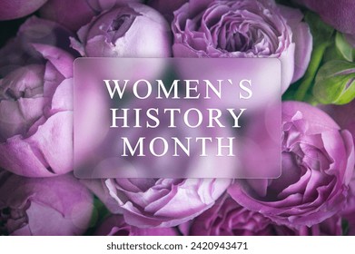 March is Women's History Month festive card with glassmorphism effect. Floral grain beautiful background with lilac peonies and text in frame.