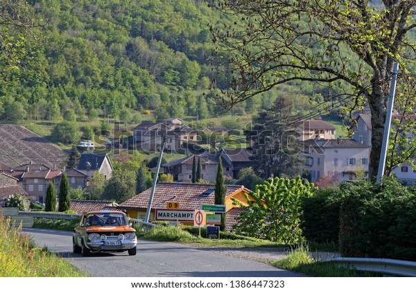MARCHAMPT, FRANCE, May 1, 2019 : Tour de France
Automobile, born in 1899, was a unique event, with a mix of open
road, classic race track and uphill. It relives since 1992 as an
historic event.