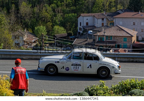 MARCHAMPT, FRANCE, May 1, 2019 : Tour de France
Automobile, born in 1899, was a unique event, with a mix of open
road, classic race track and uphill. It relives since 1992 as an
historic event.