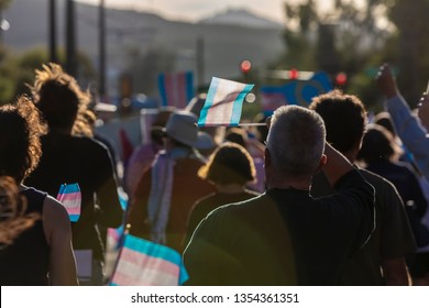 Marchers Waving Trans Support Flags At A Visibility Rally