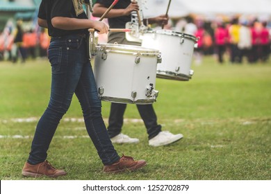 Marching Band Drummers Perform In School Parade