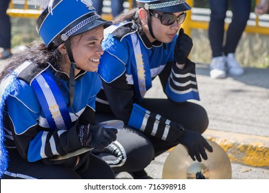 Marching Band High School Teens In Uniform During Honduras Independence Day Parade At La Lima Town On September 15,2017.