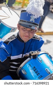 Marching Band High School Teens In Uniform During Honduras Independence Day Parade At La Lima Town On September 15,2017.