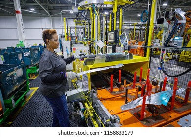 Marcie McKinney makes parts in the body shop at GM's Silverado and Sierra pickup truck plant in Fort Wayne, Indiana, U.S., July 25, 2018.