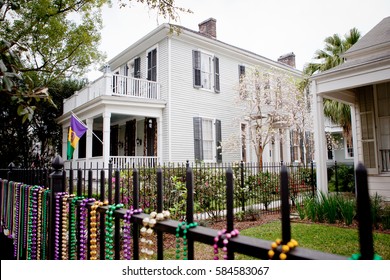 Mardi Gras Beads And Decorations In The Garden District Of New Orleans Louisiana 