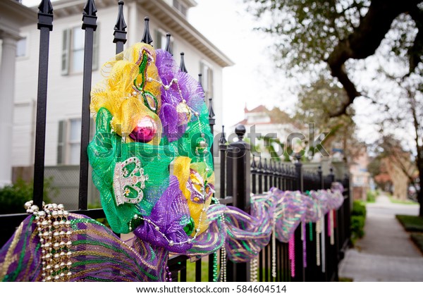 Mardi Gras Beads Decorations On Fence Stock Photo Edit Now 584604514