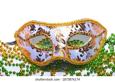 Mardi Gras Mask And Beads Frame For Text On White Space Background. Madi Gras Celebration Fat Tuesday Carnival