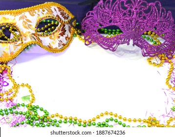 Mardi Gras Mask And Beads Frame For Text On White Space Background. Madi Gras Celebration Fat Tuesday Carnival