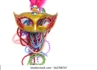 Mardi Gras Mask And Beads On White Background.Top View.