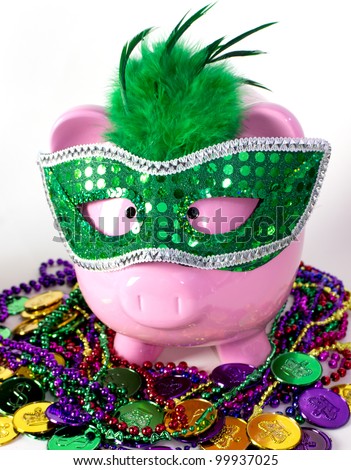 Mardi Gras piggy bank with colorful beads & coins