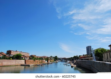 Marecchia River And Cityscape, Rimini, Italy