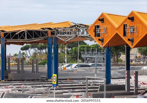 Maresme, Catalonia, Spain - September 24th, 2021:\
Debris produced by the works of the removal of the Toll booths in\
C-32 catalan highways due to expiring concessions, on September\
24th, 2021.