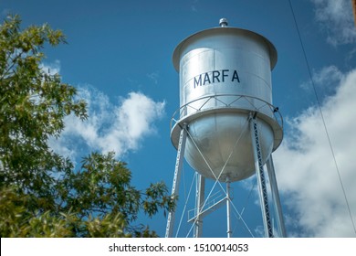 Marfa, Texas - September 18 2019: water tower against the cloudy sky