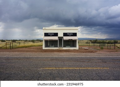 MARFA, TEXAS - September 25, 2014 - Prada store in Marfa with a tornado in the background