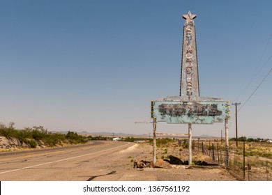 Marfa, Texas / USA June 16 2017 Stardust Motel Old Neon Side and Highway View Near Marfa Texas Desert Art Town