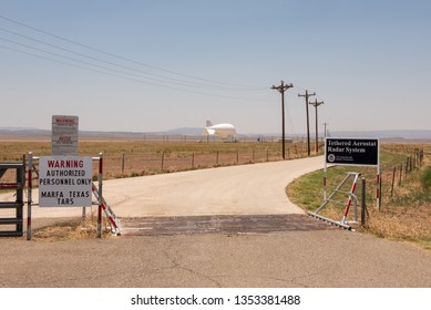 Marfa, Texas / USA June 17 2017 TARS Tethered Aerostat Radar System View From Road Side